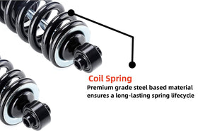 Dr.Acces hydraulic rear shock close-up reduces vibration for a smoother ride.