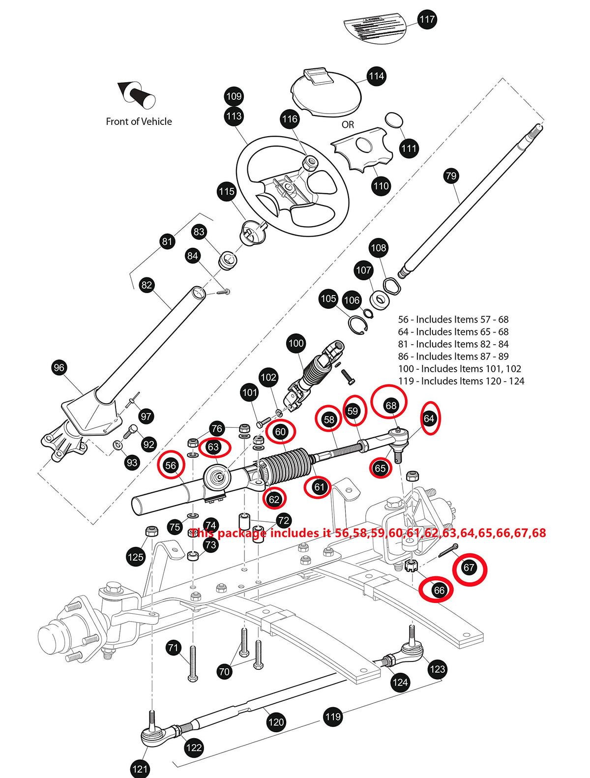 Dr.Acces steering gear box BOM diagram displays the complete rack and pinion unit.