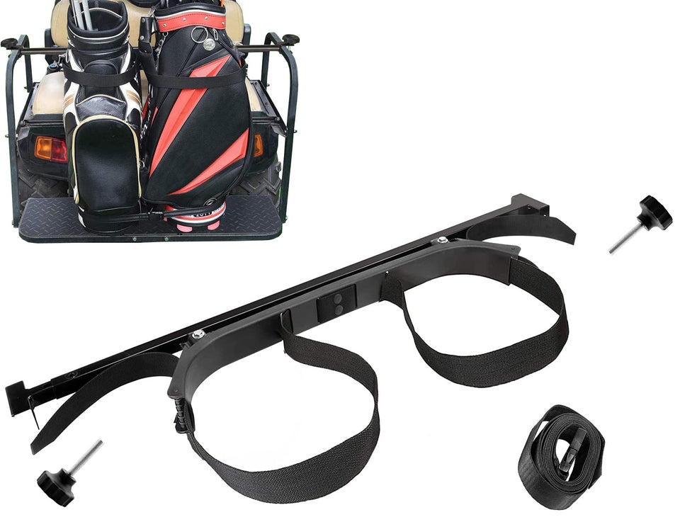 Dr.Acces golf bag holder bracket mounted on EZGO rear seat for secure storage.