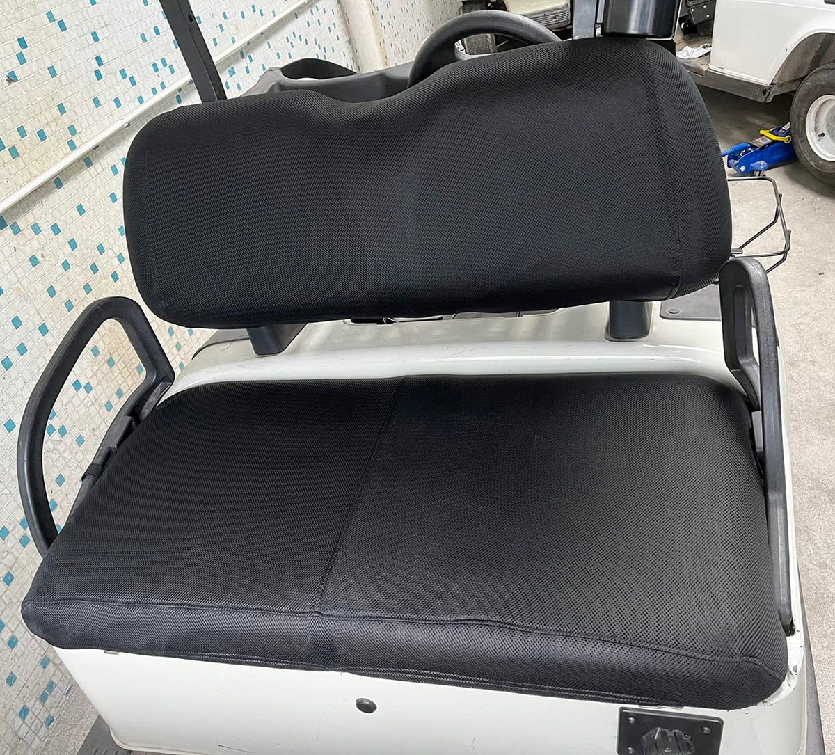 Dr.Acces golf cart seat cover seat-back view showing updated interior comfort.