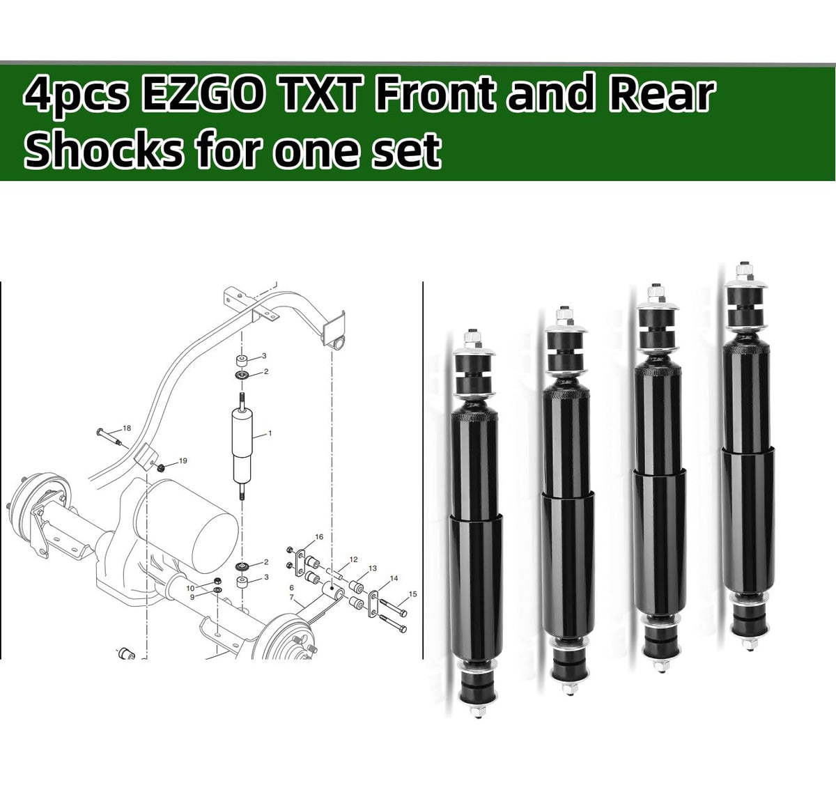 Rear shock absorber and bushings from Dr.Acces support lifted EZGO TXT geometry.