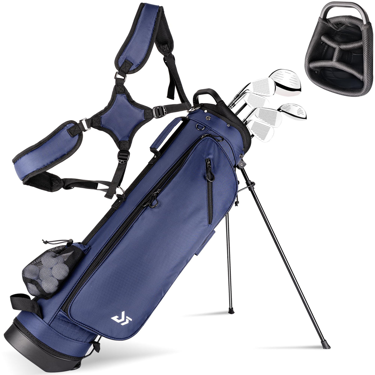 Dragon Tiger Golf bag front view in navy shows organized 4-way dividers