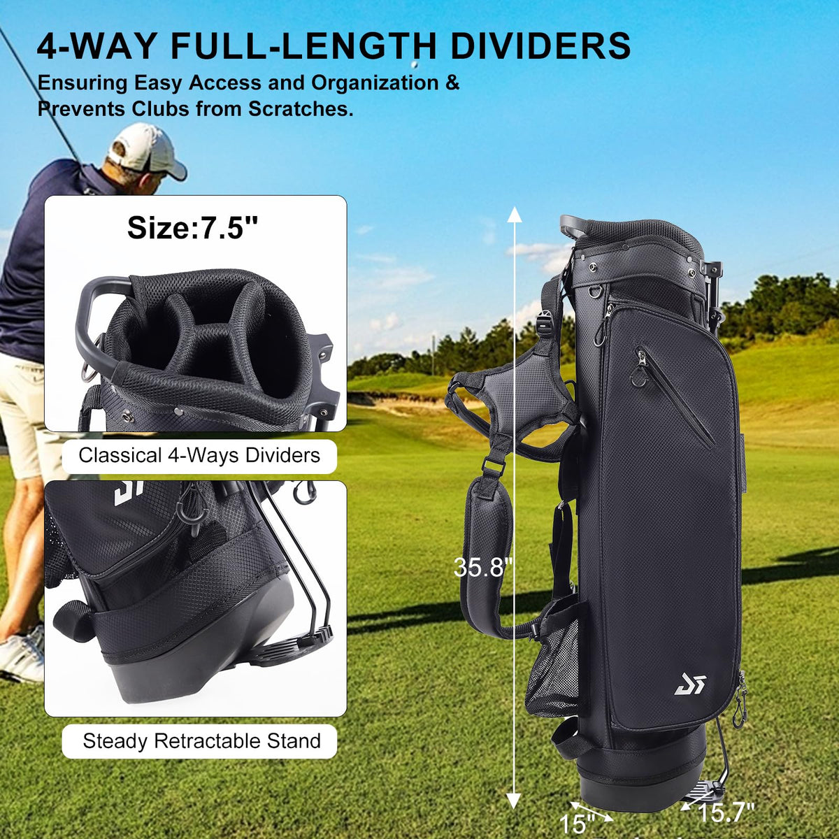 Dragon Tiger golf bag side view highlights slim profile and comfortable carry against fatigue