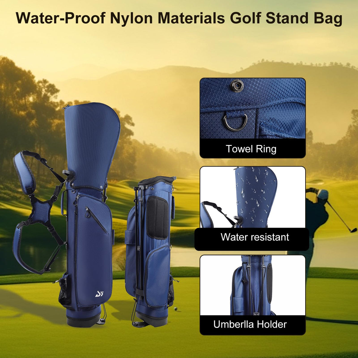 Dragon Tiger Golf bag pockets navy displays five zippered compartments