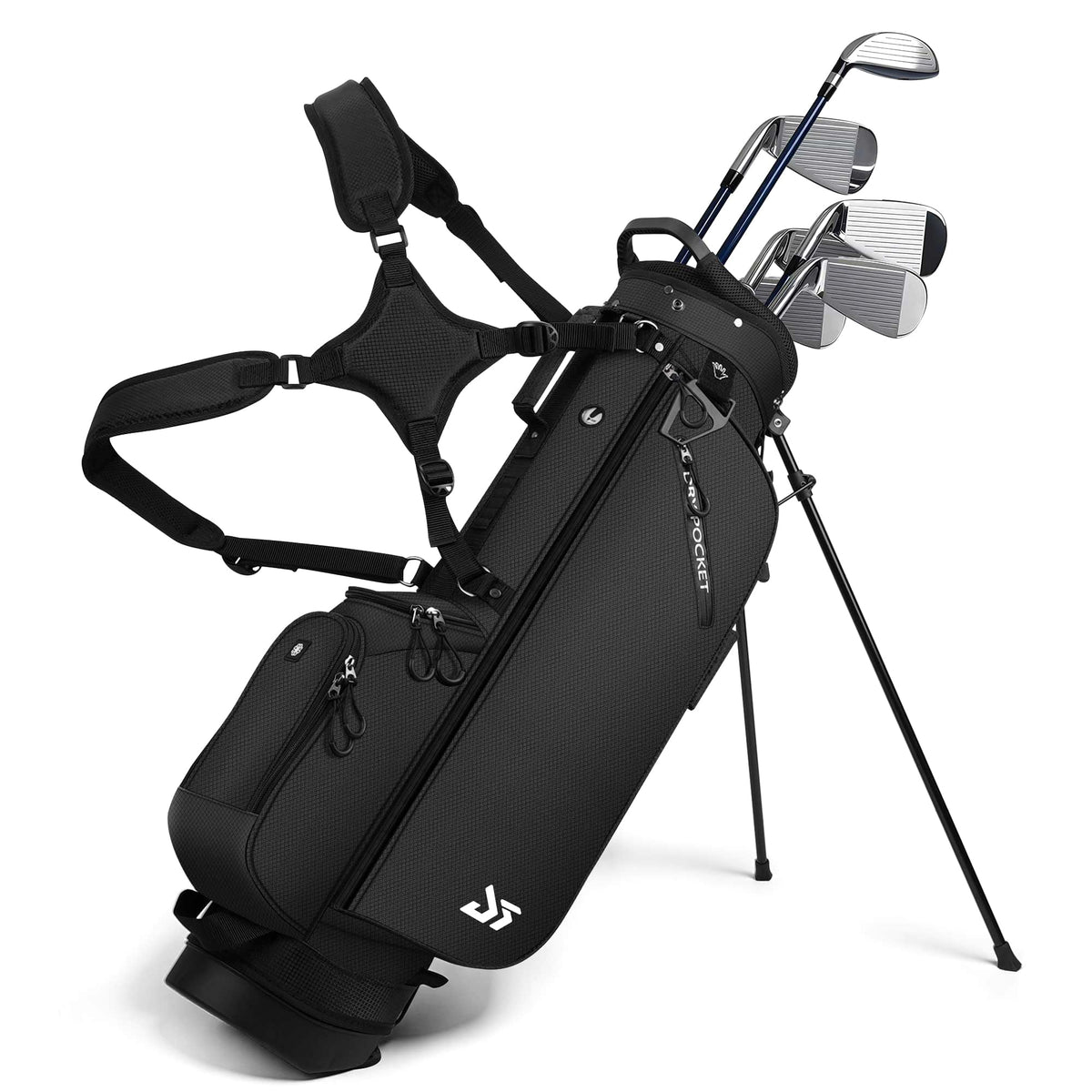Dragon Tiger golf stand bag with cooler pocket keeps drinks cold for practice.