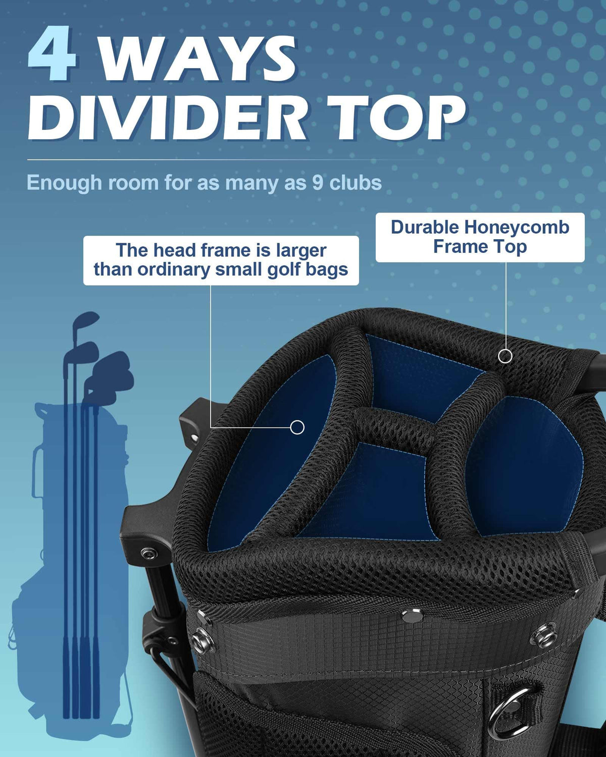 Dragon Tiger stand bag with four-way divider top prevents club tangling.