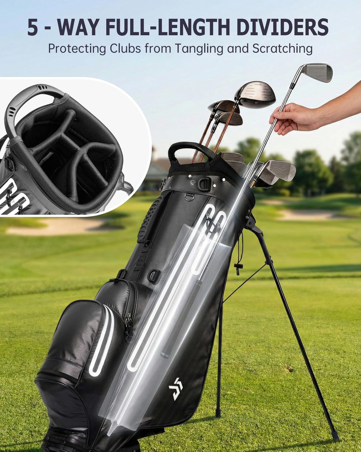 Dragon Tiger waterproof golf stand bag 6-pocket layout keeps apparel, valuables, and tools organized.