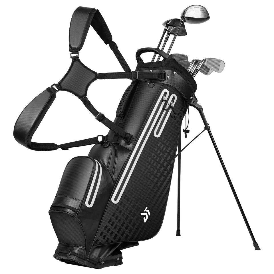 Dragon Tiger waterproof golf stand bag front view with 6-pocket layout for easy club access.