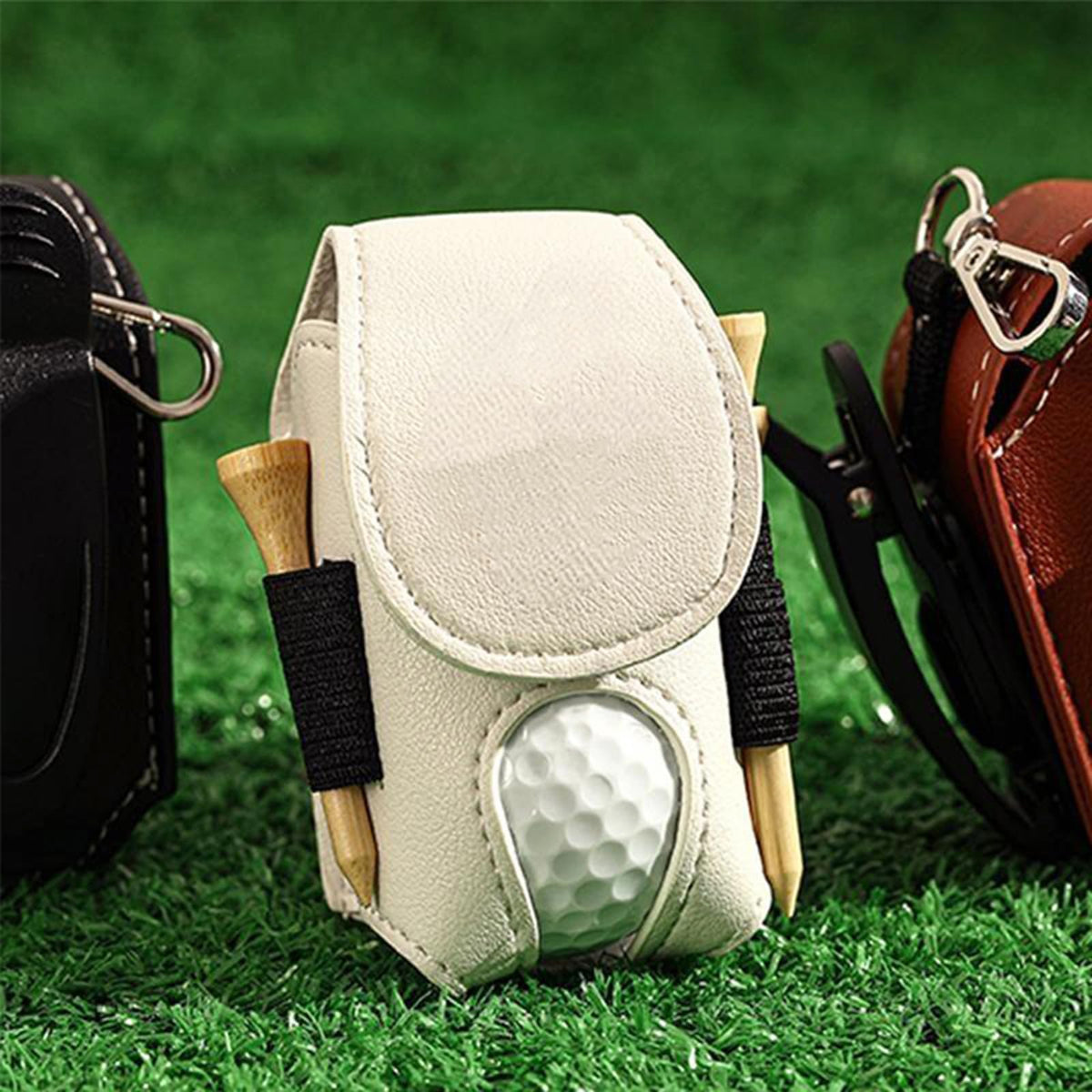Drawelry personalized golf bag close-up highlighting premium leather and compact portability.