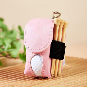 Drawelry pink leather golf bag front view showing compact two-ball organizer.