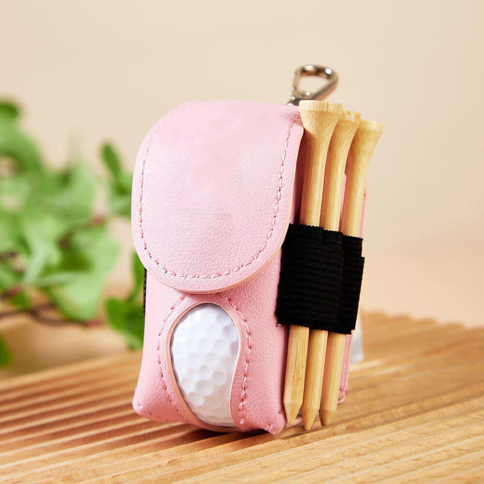 Drawelry pink leather golf bag front view showing compact two-ball organizer.
