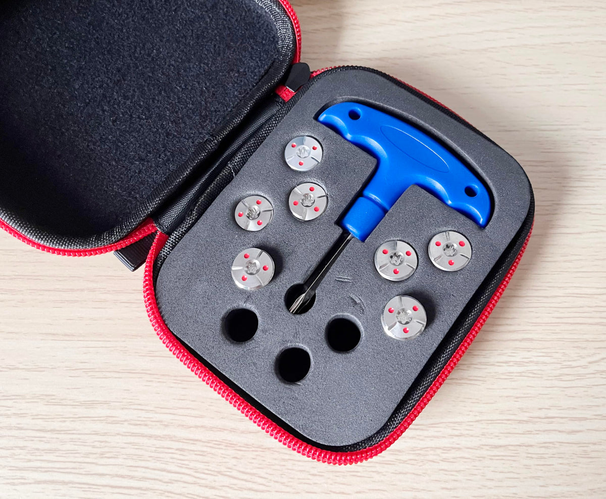 Dree 7pc golf weight screws with case and tool for customizable tuning.