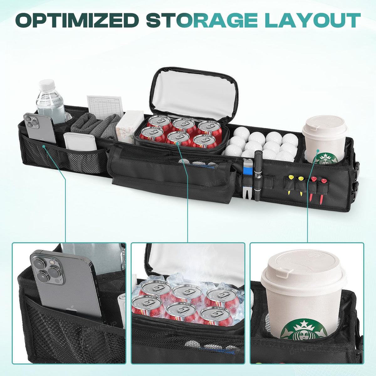 DRIVE UP compartments with 1680D padding keep items secure on bumpy courses