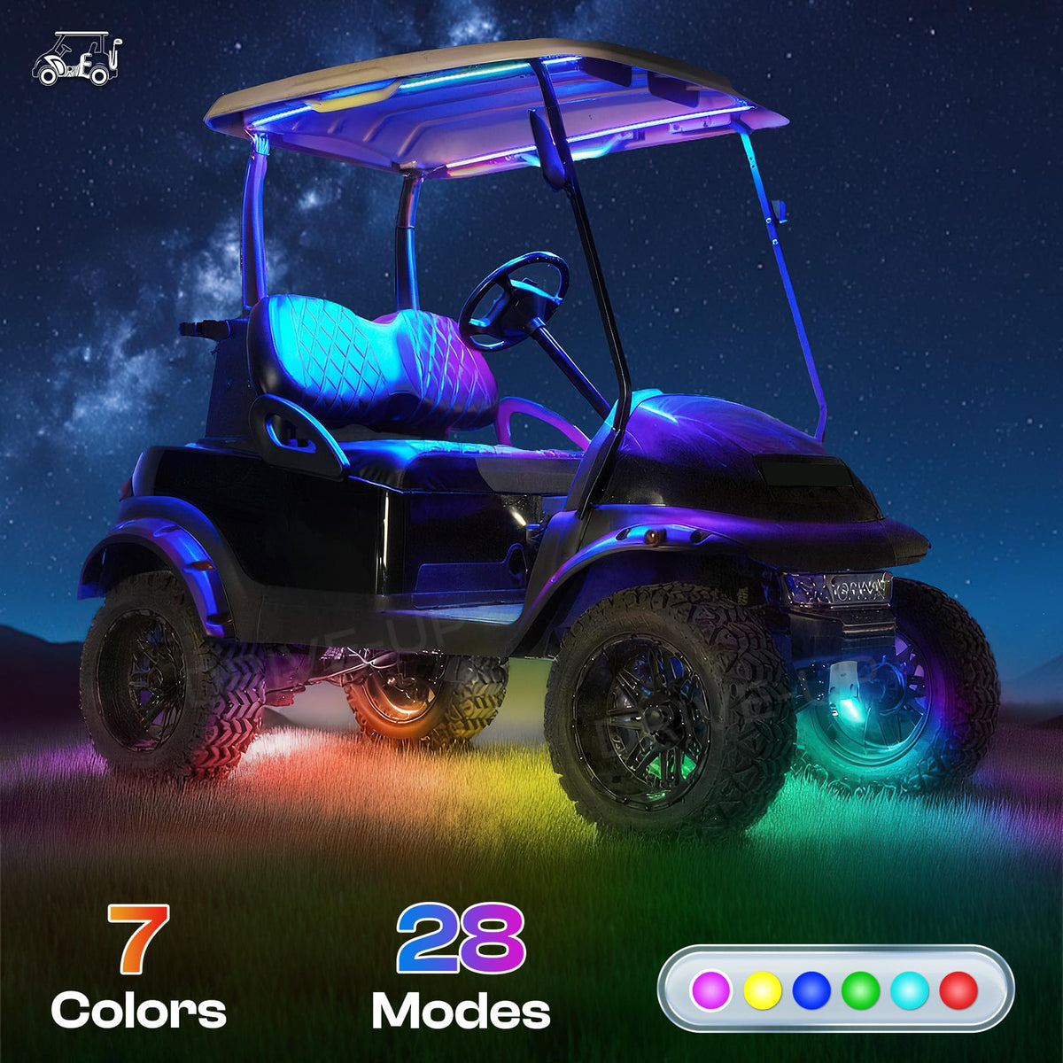 Drive Up 28-mode neon underglow enhances visibility and mood for golf cart rides.