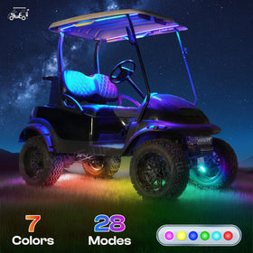 Drive Up 28-mode neon underglow enhances visibility and mood for golf cart rides.