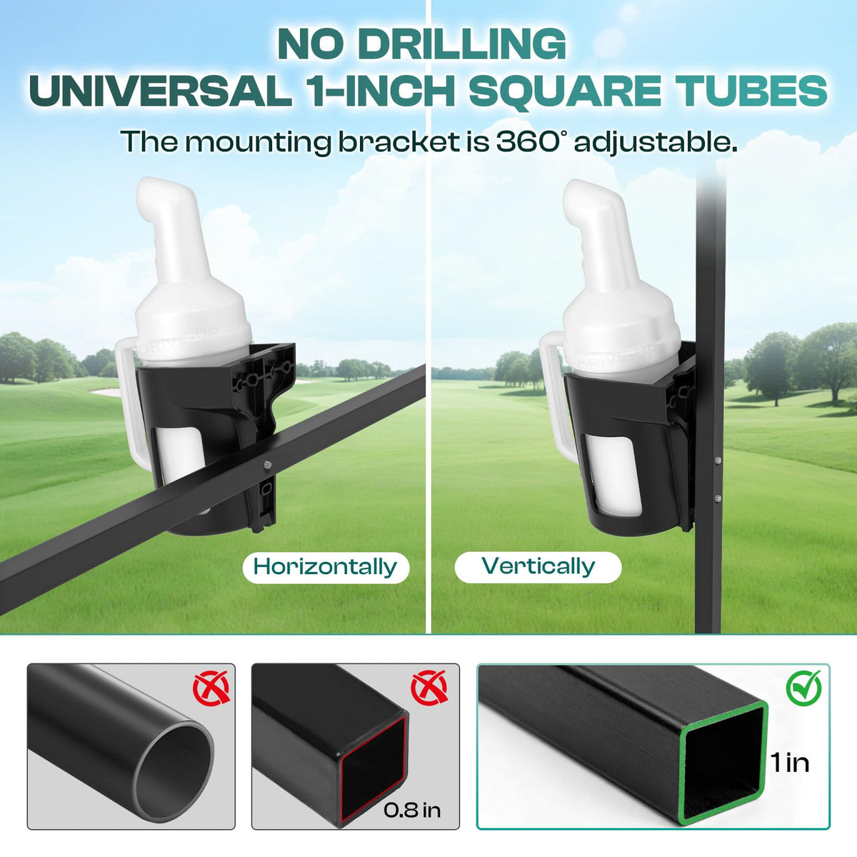 Drive Up ABS bottle with rust-resistant metal stand offers durability on the course.