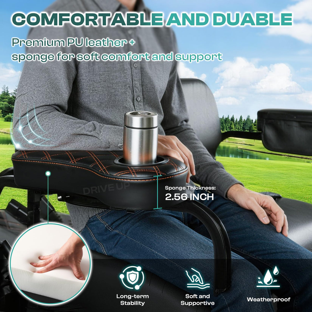 Drive Up armrest quilted design enhances golf cart interior aesthetics