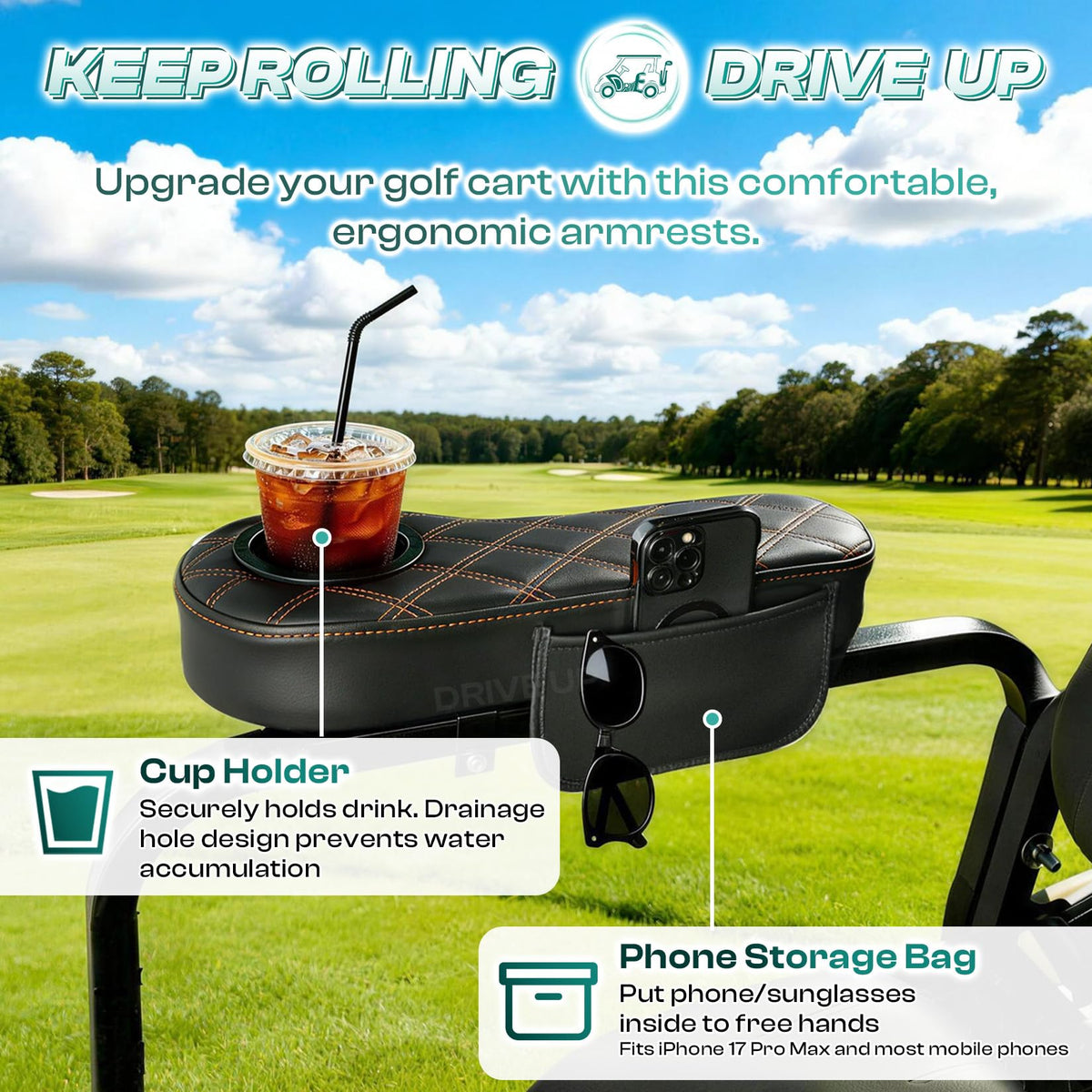 Drive Up armrest side pocket and cup holder keeps phone secure during rides