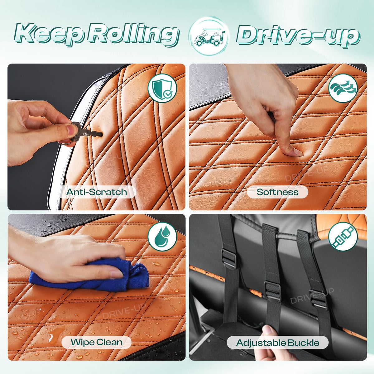 Drive Up brown PVC wipe-clean surface keeps your cart clean between rides
