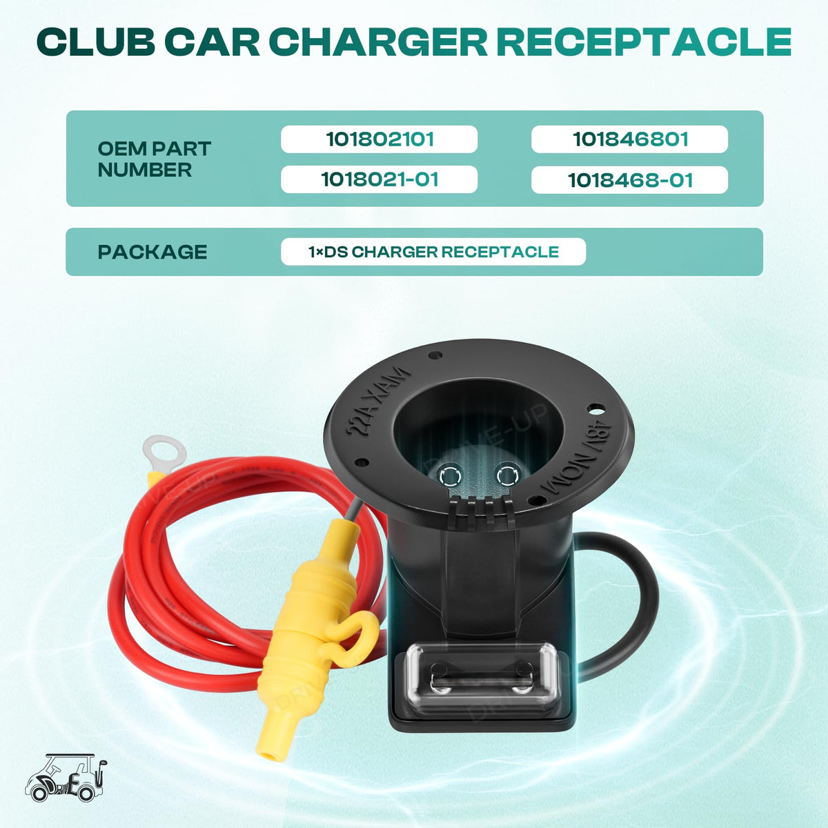 Drive Up Club Car 48V receptacle with cord and fuse assembly, ready for installation.