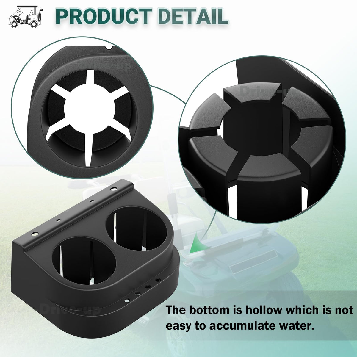 Drive Up Club Car DS cup holder in-cab close-up highlights compact design.