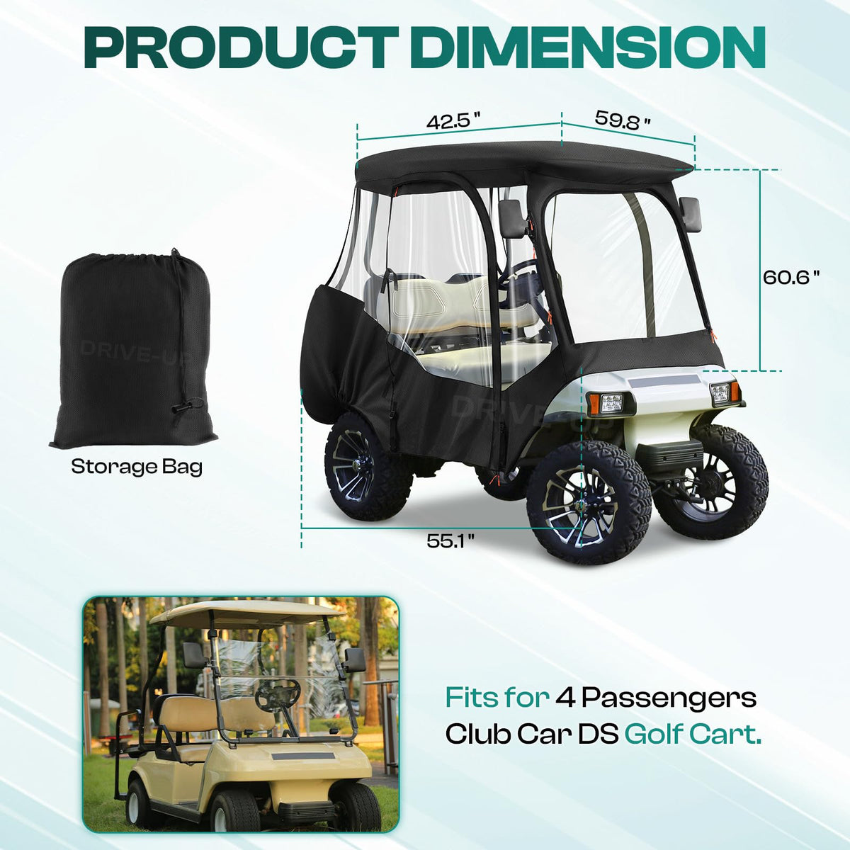 Drive Up Club Car enclosure durable materials guard against rain, snow, UV rays, and debris.