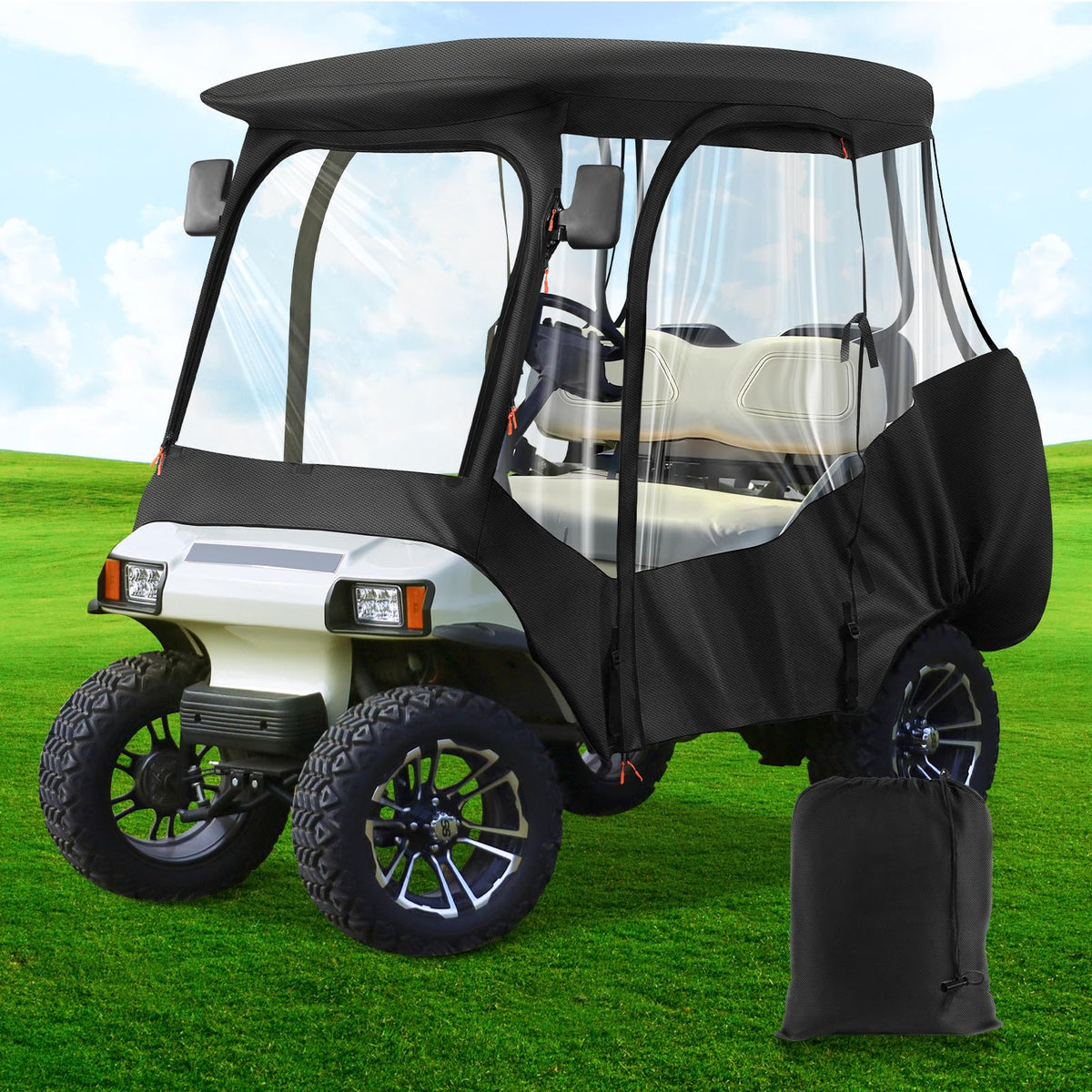 Drive Up Club Car enclosure front view shows all-weather protection for 4-passenger carts.