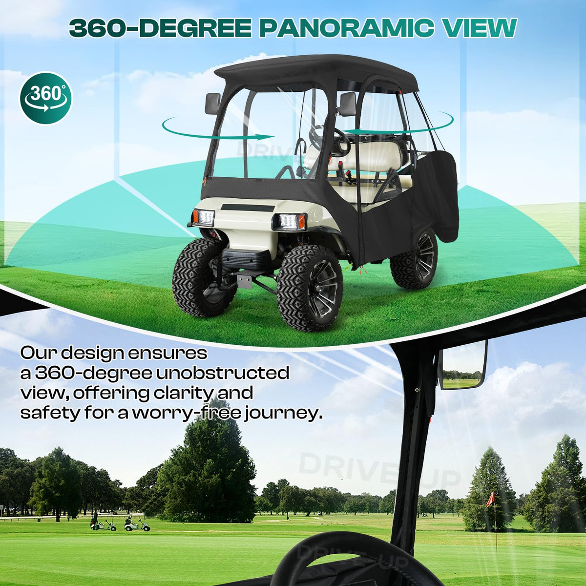 Drive Up Club Car enclosure PVC windows provide unobstructed visibility for safer driving.