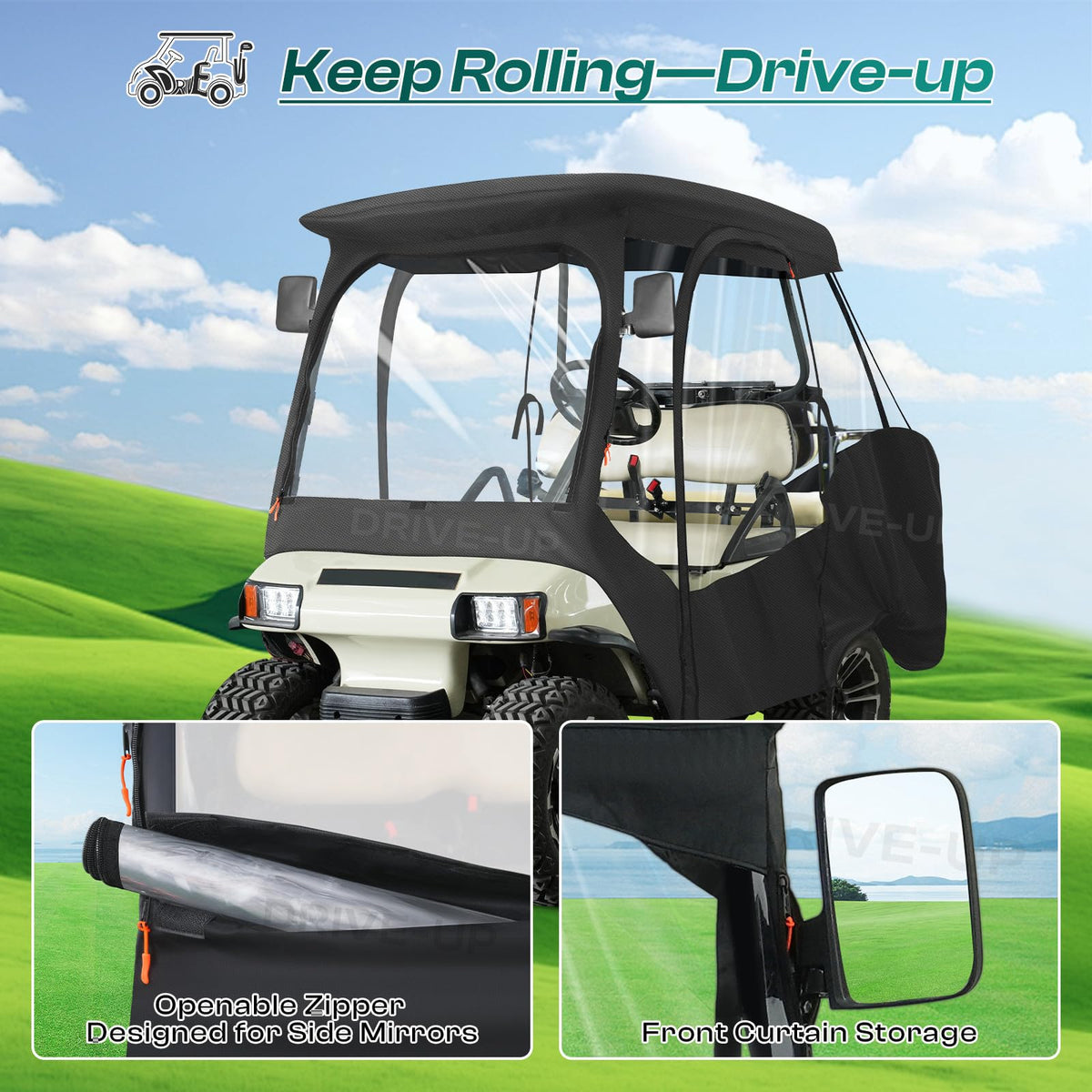 Drive Up Club Car enclosure zipper door enables easy entry and ventilation.