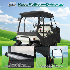 Drive Up Club Car enclosure zipper door enables easy entry and ventilation.