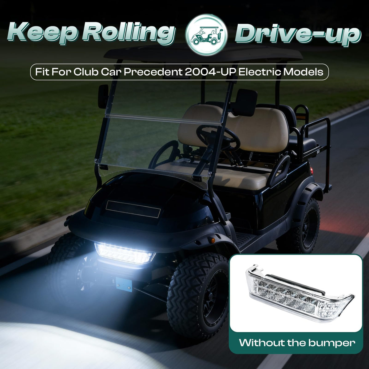 DRIVE UP Club Car Precedent LED headlight bar close-up shows durable LEDs.