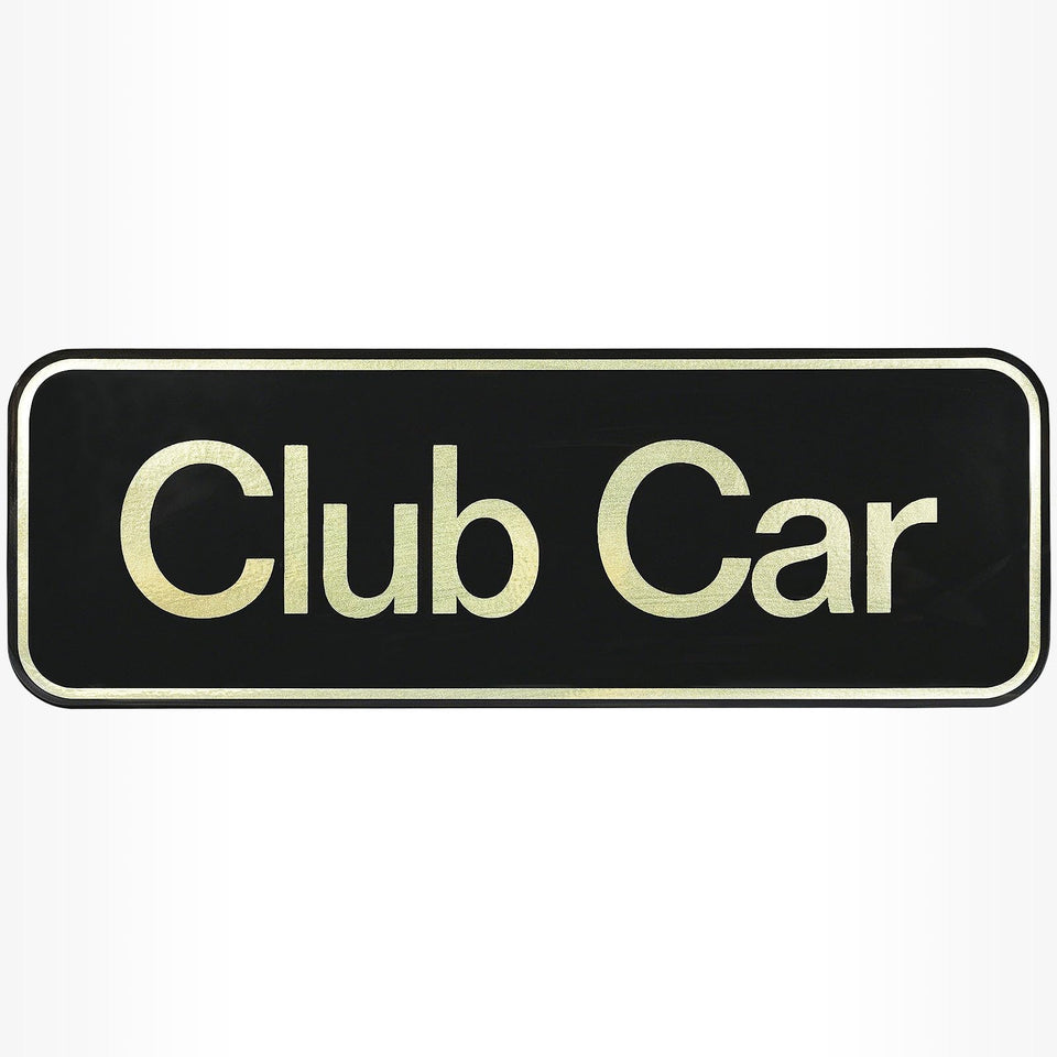 Drive Up Club Car Tempo name plate in black gold front view enhances cart identification.