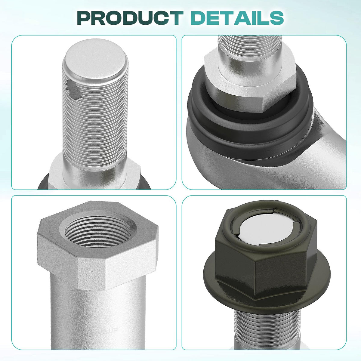 Drive Up ball joint detail on tie rod end showing robust materials.