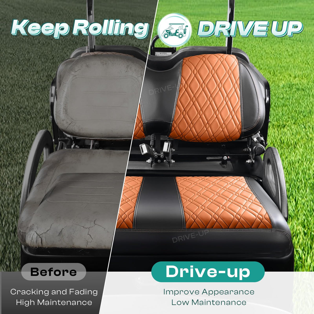 Drive Up Club Car Precedent diamond cross pattern close-up highlights durable black stitching.