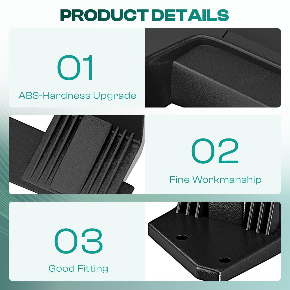 DRIVE UP DS arm rest material close-up shows durable ABS surface.