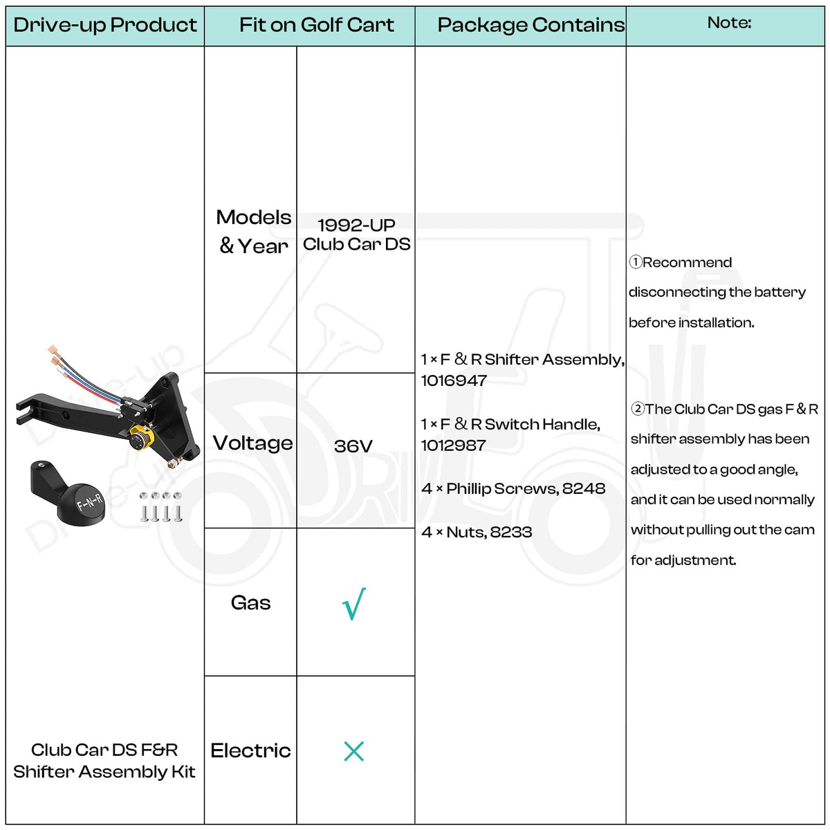 Drive Up easy-installation kit for Club Car DS gas carts with included hardware.