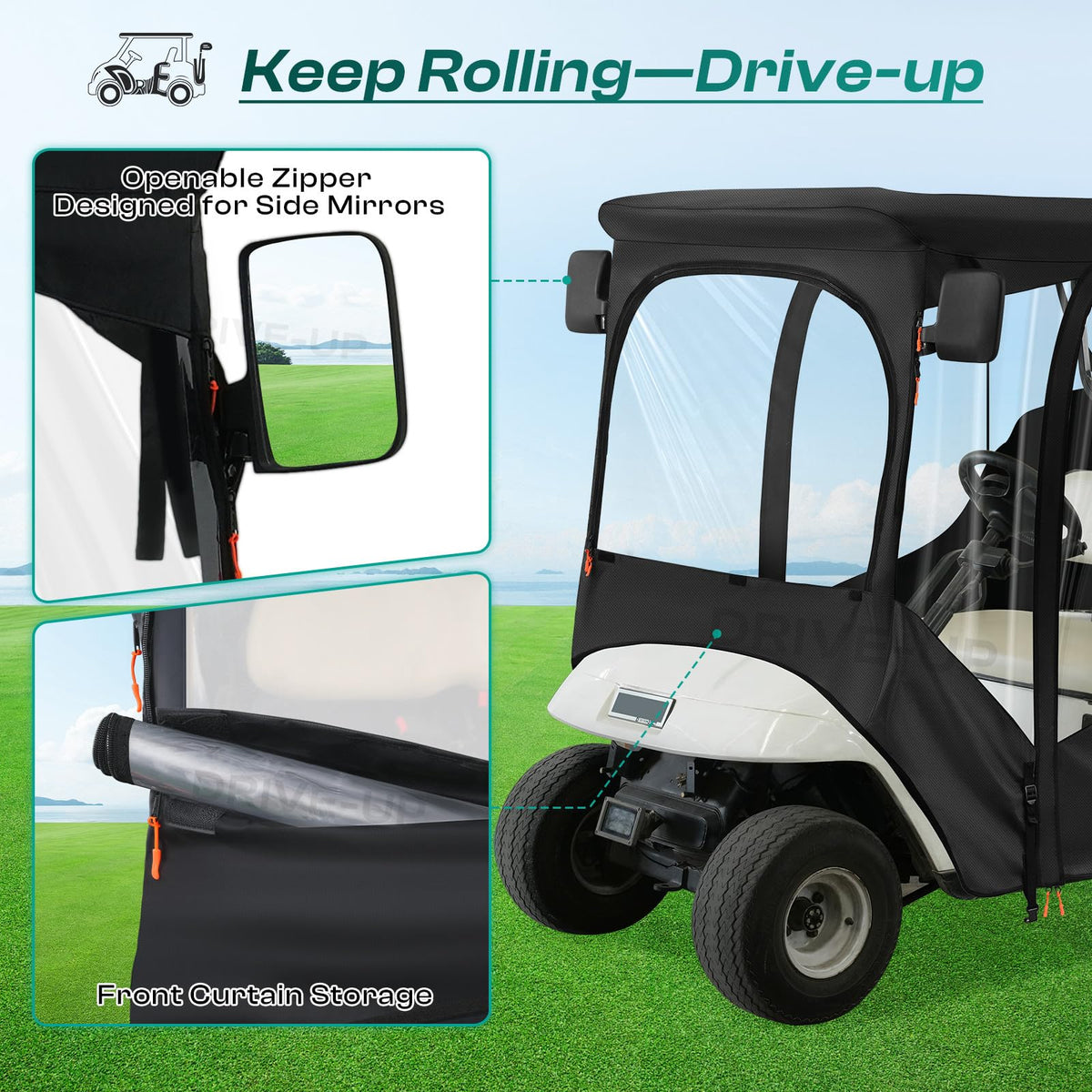 Drive Up EZGO enclosure front zippered window for ventilation and quick access.