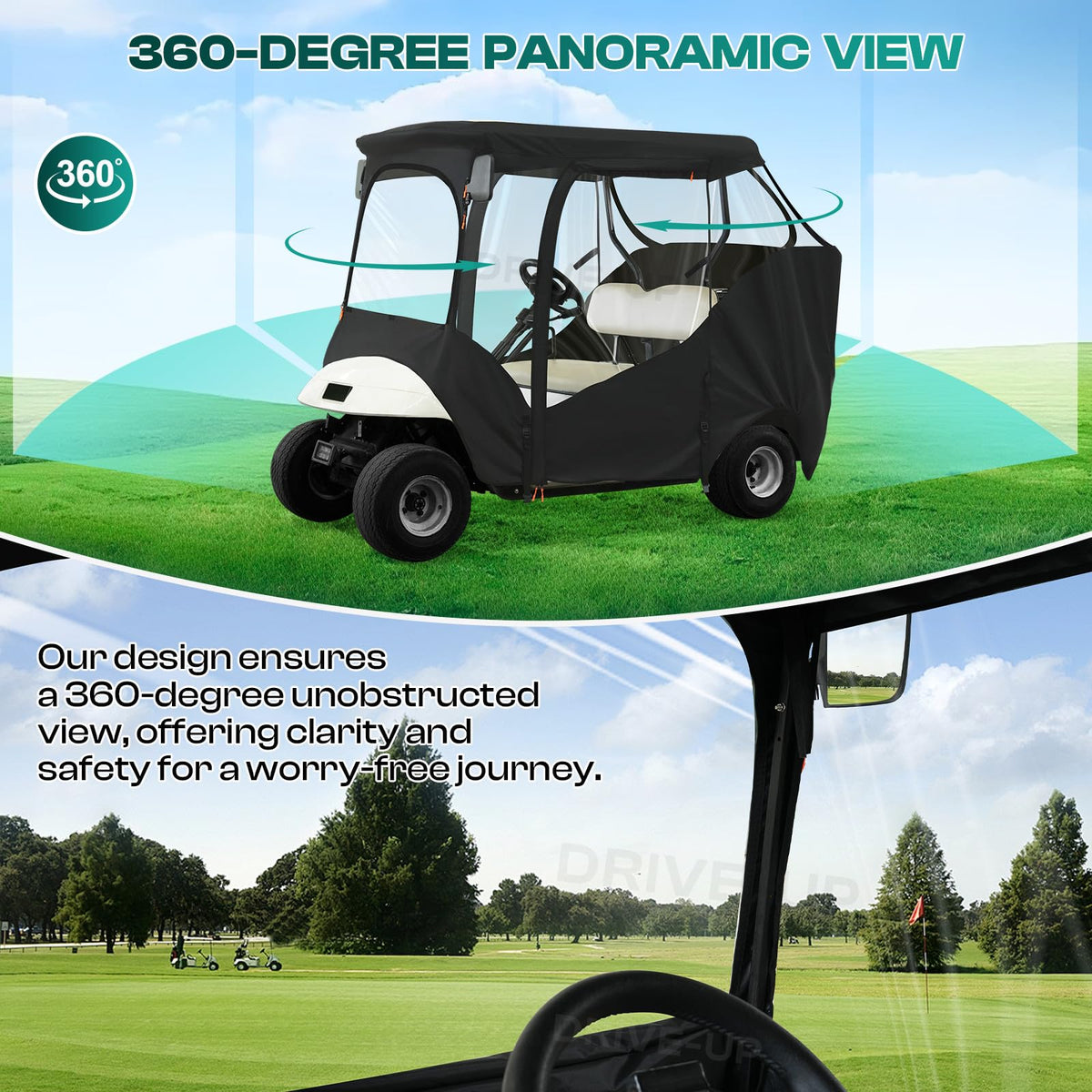 Drive Up EZGO enclosure four-sided PVC windows for clear visibility.