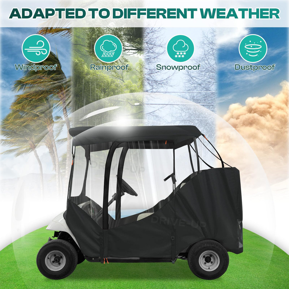 Drive Up EZGO enclosure protects against rain and wind while driving.