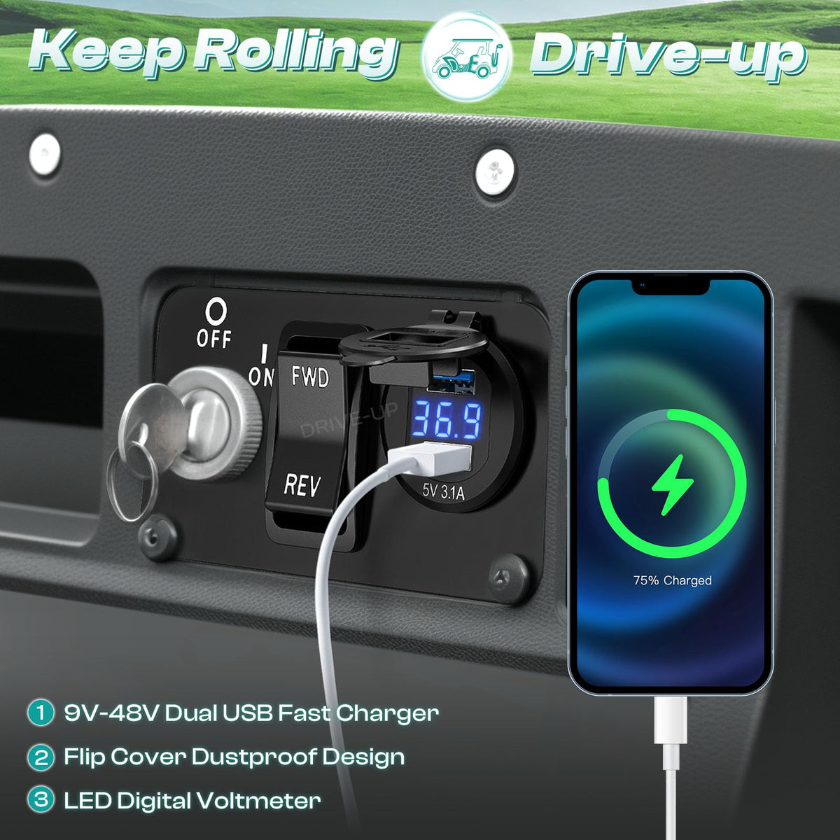 DRIVE UP EZGO dual USB charger ports enable simultaneous device charging on the cart.