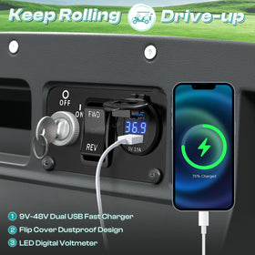 DRIVE UP EZGO dual USB charger ports enable simultaneous device charging on the cart.