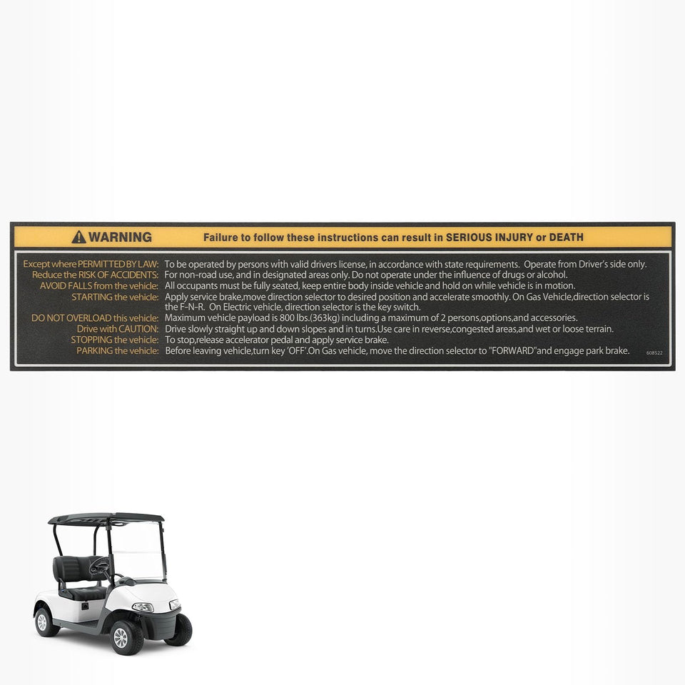 Drive Up EZGO instrument panel sticker clearly displays essential operating instructions