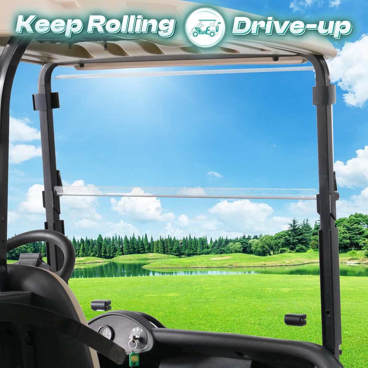 Folded DRIVE UP EZGO RXV windshield demonstrating compact design