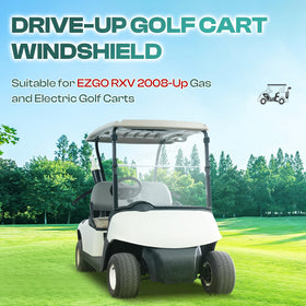 Unfolded DRIVE UP EZGO RXV windshield mounted on cart for wide clear view