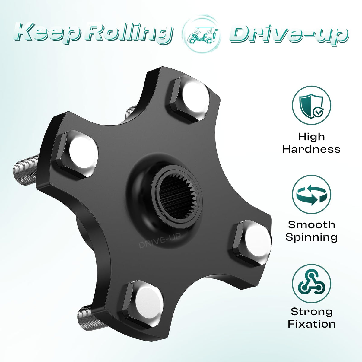 Drive Up EZGO RXV rear hub flange plate side view highlights secure attachment during bumpy rides.