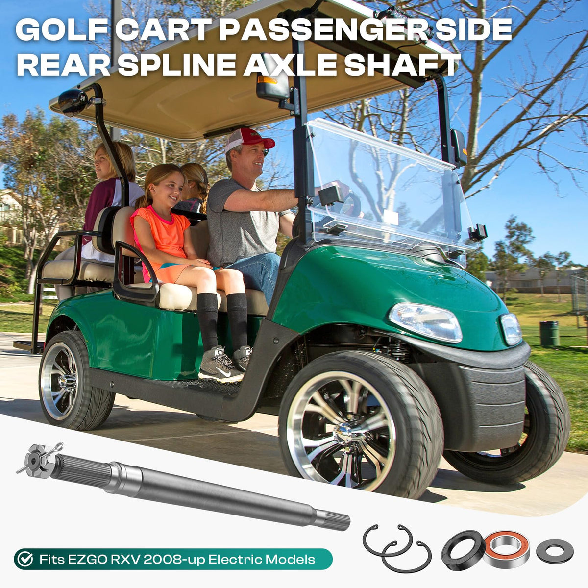 Drive Up EZGO RXV rear axle shaft passenger side—ready to install replacement for quiet, steady rides.