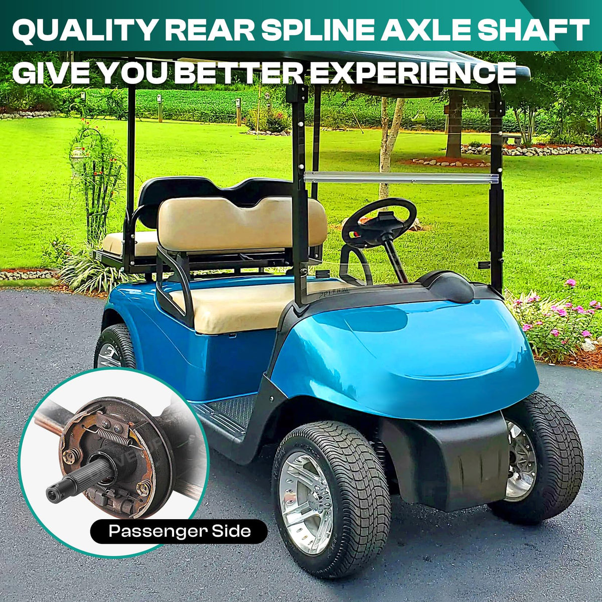Drive Up EZGO RXV rear axle shaft passenger side—durable kit with seals and rings.