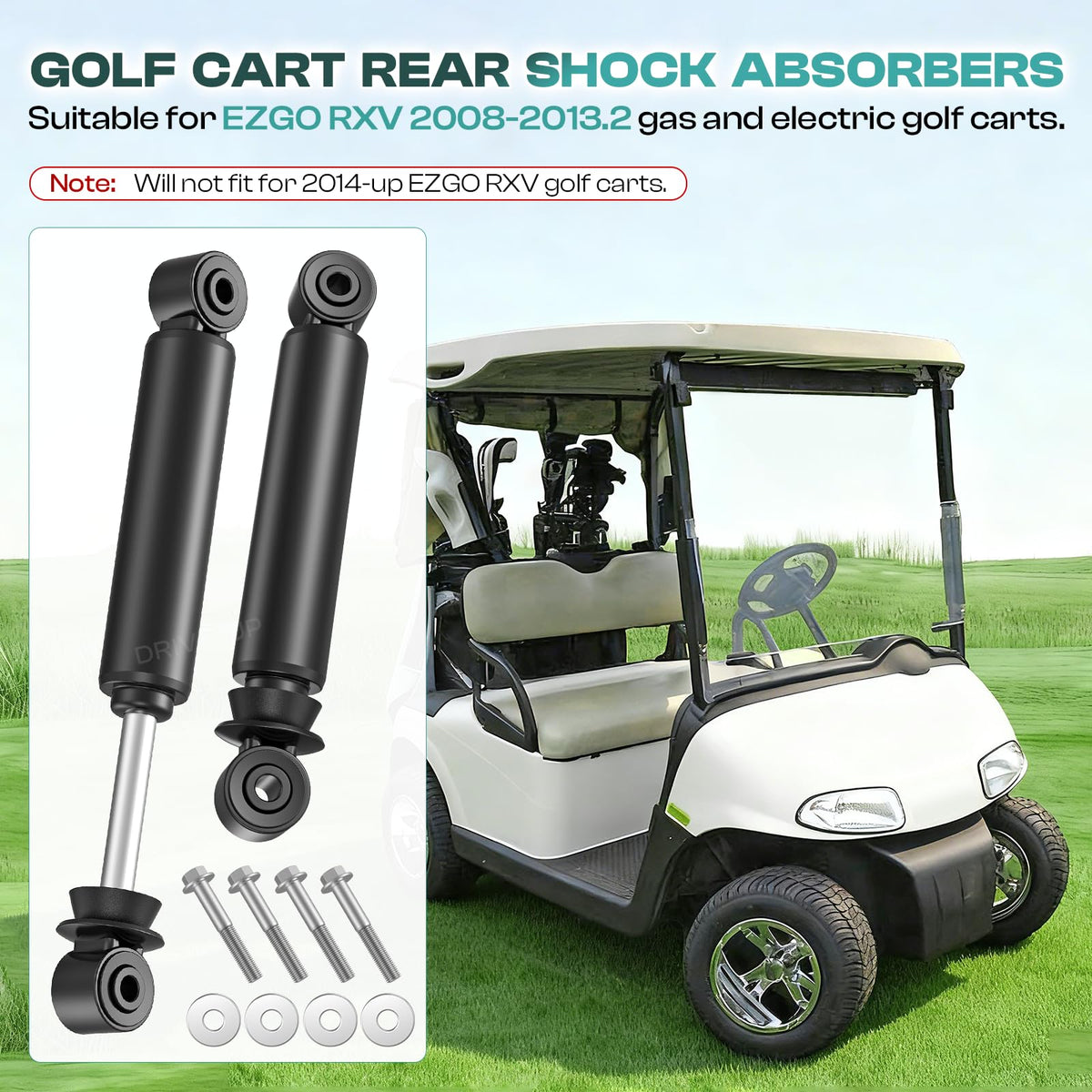 DRIVE UP EZGO RXV rear shock assembly closeup reveals durable metal components for long-lasting performance.