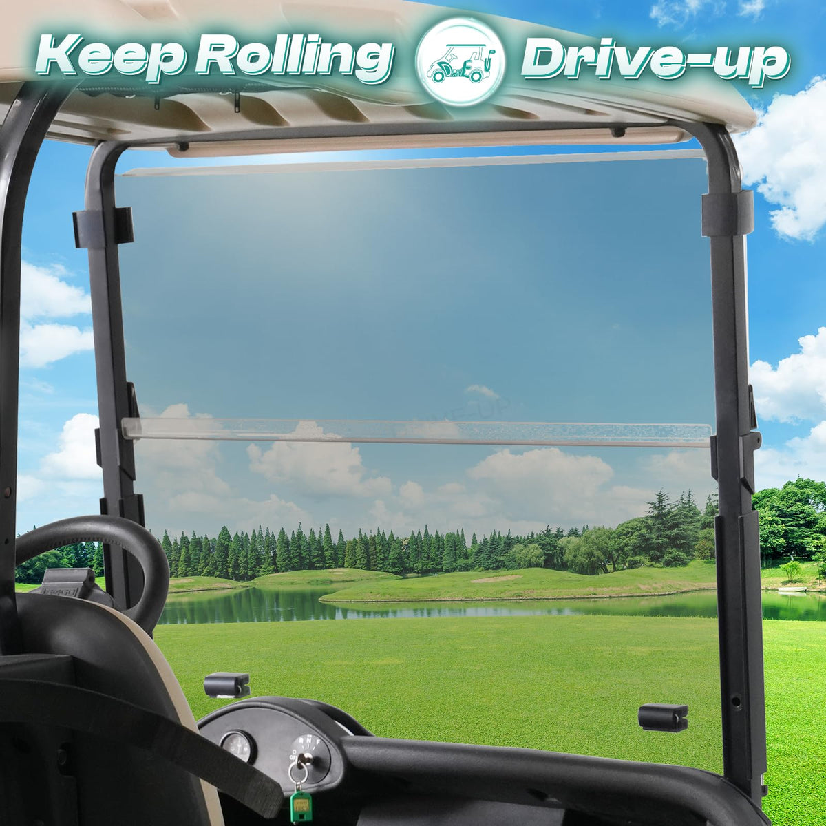 DRIVE UP EZGO RXV windshield reduces glare for sunny golf cart rides.