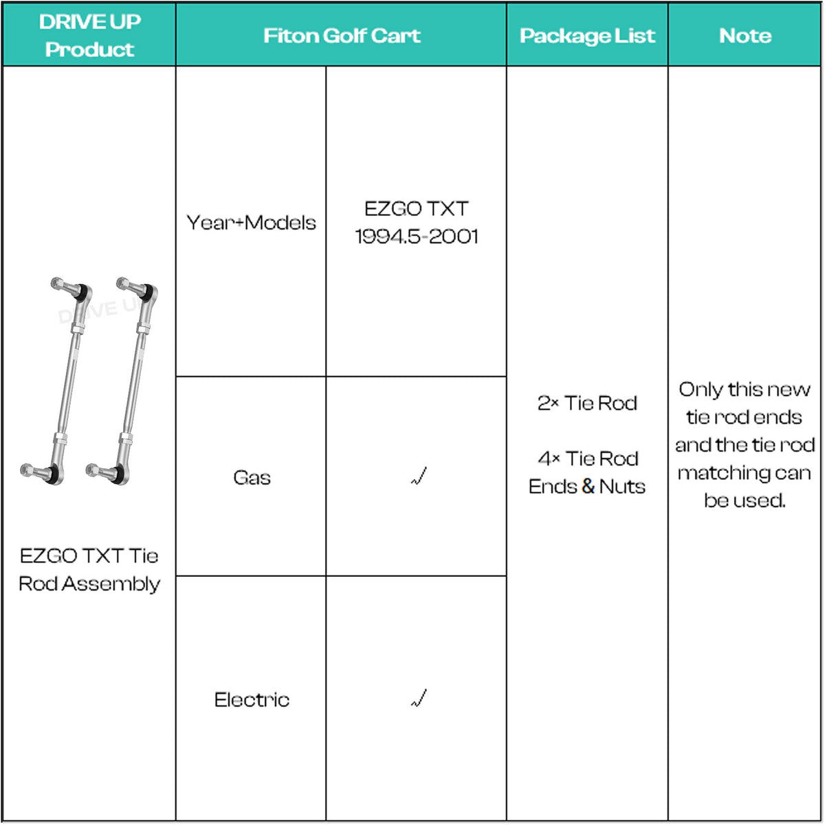 Drive Up EZGO TXT compatibility for 1994-2001 models with reliable fit.
